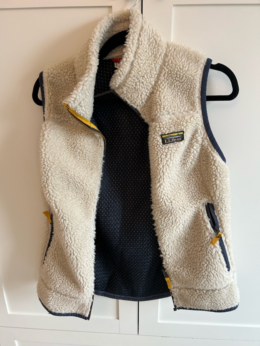 L.L. Bean Cream Sherpa Fleece Vest with Navy Trim